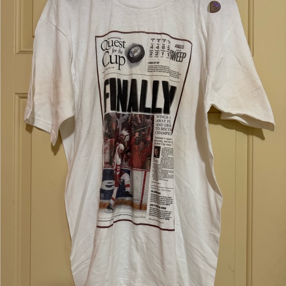 Vintage New Gildan White Graphic Tee with Stanley Cup 1997 Newspaper Design - Picture 1 of 6